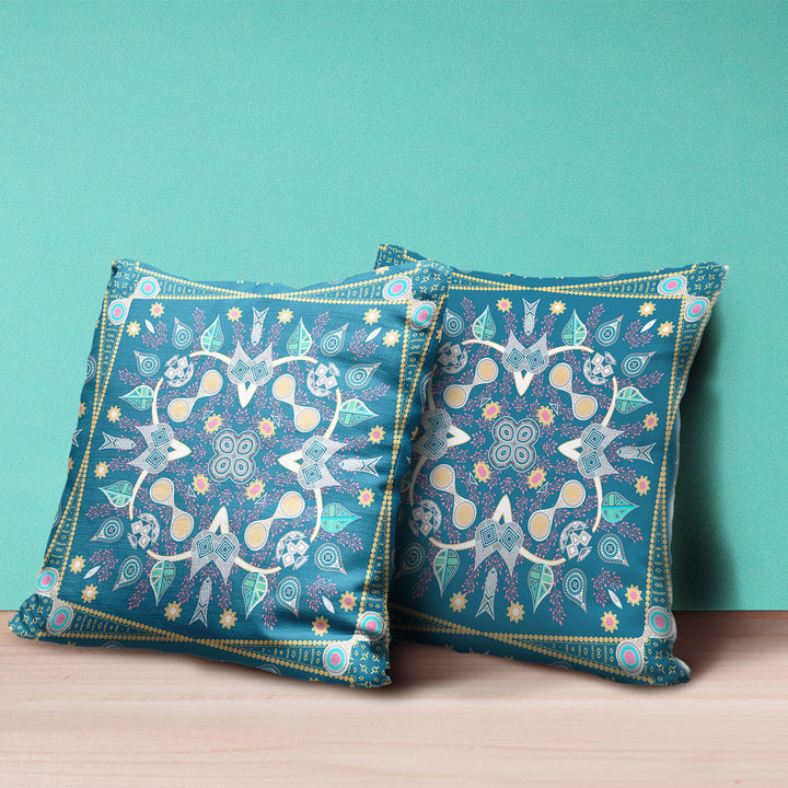 16" x 16" Aqua Blown Seam Paisley Indoor Outdoor Throw Pillow