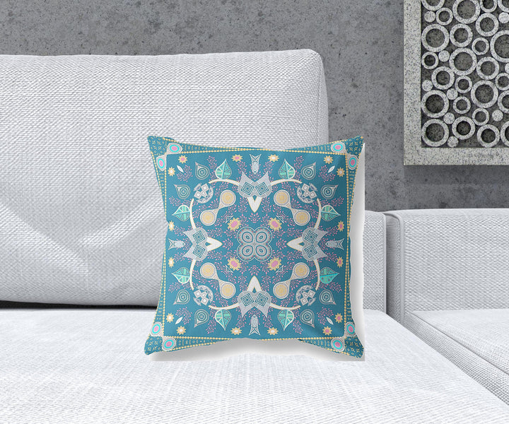 16" x 16" Aqua Blown Seam Paisley Indoor Outdoor Throw Pillow