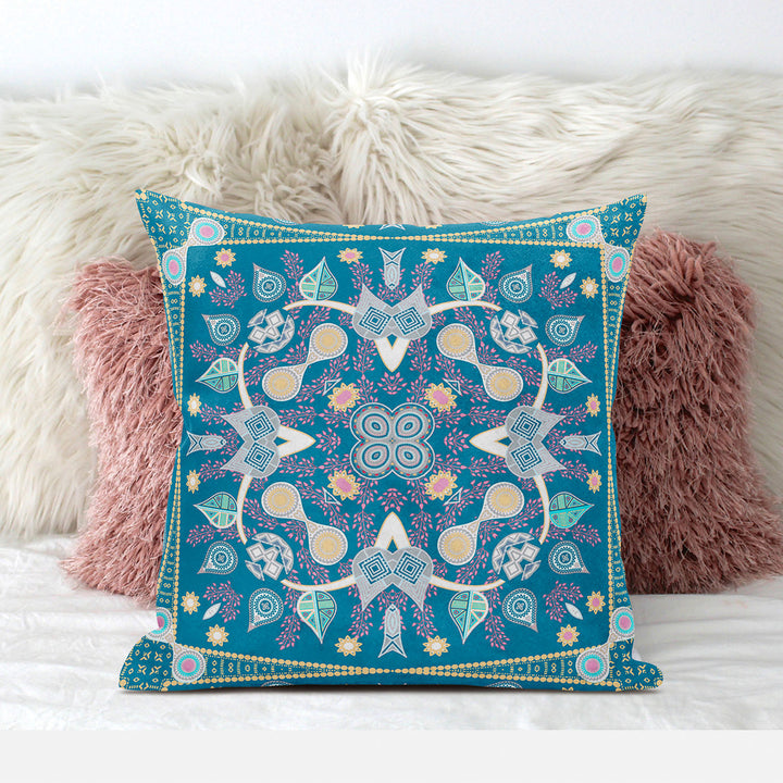 16" x 16" Aqua Blown Seam Paisley Indoor Outdoor Throw Pillow