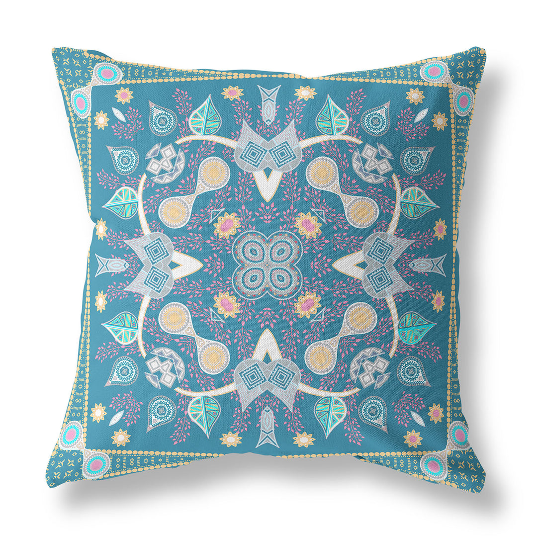 16" x 16" Aqua Blown Seam Paisley Indoor Outdoor Throw Pillow