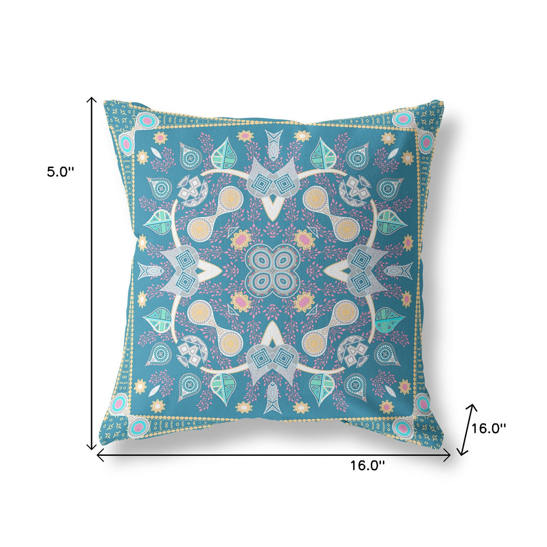 16" x 16" Aqua Blown Seam Paisley Indoor Outdoor Throw Pillow