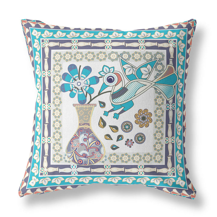 28" x 28" Cream Peacock Blown Seam Floral Indoor Outdoor Throw Pillow