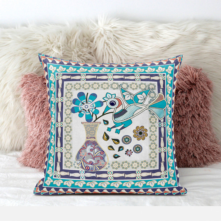 28" x 28" Cream Peacock Blown Seam Floral Indoor Outdoor Throw Pillow