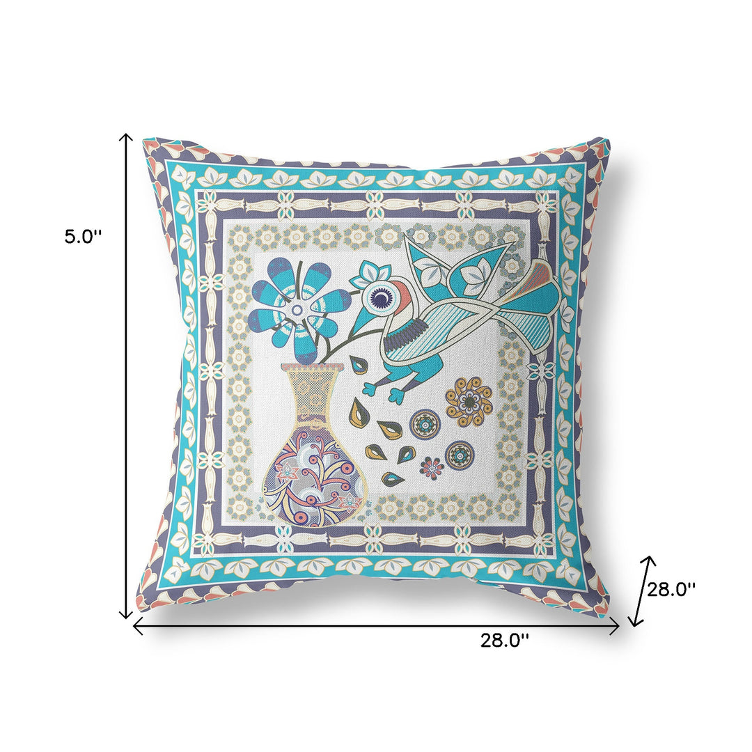 28" x 28" Cream Peacock Blown Seam Floral Indoor Outdoor Throw Pillow