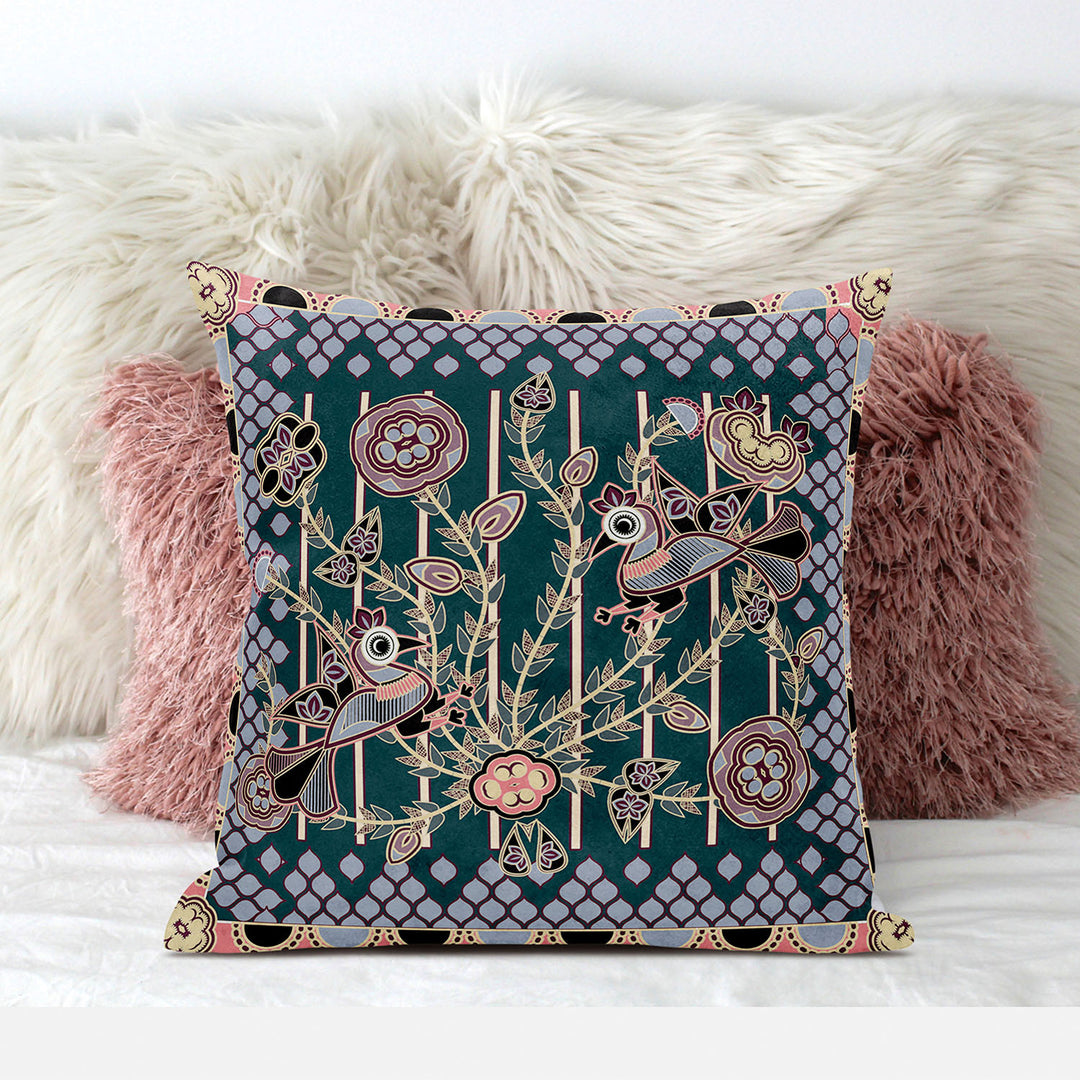 16" x 16" Blue and Pink Peacock Blown Seam Floral Indoor Outdoor Throw Pillow