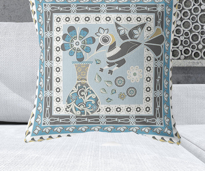 28" x 28" Blue and White Peacock Blown Seam Floral Indoor Outdoor Throw Pillow