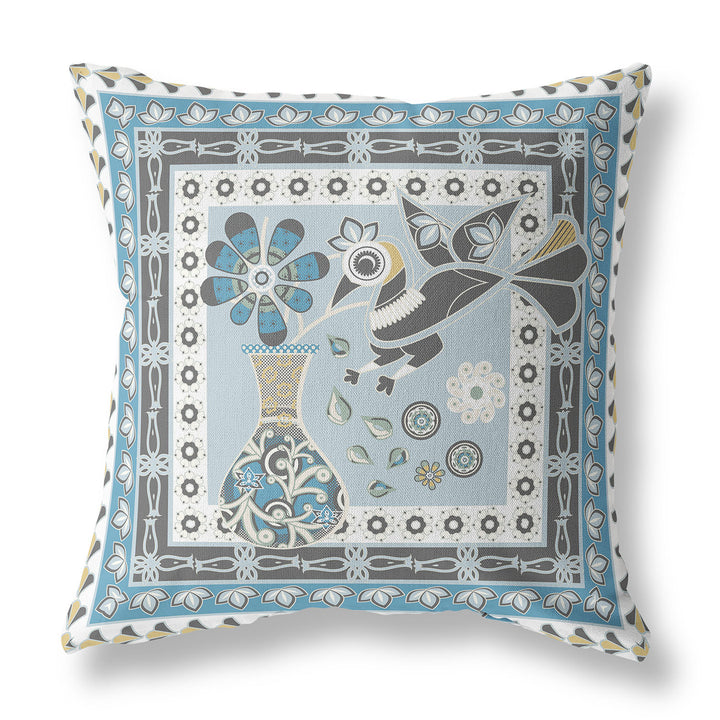 28" x 28" Blue and White Peacock Blown Seam Floral Indoor Outdoor Throw Pillow