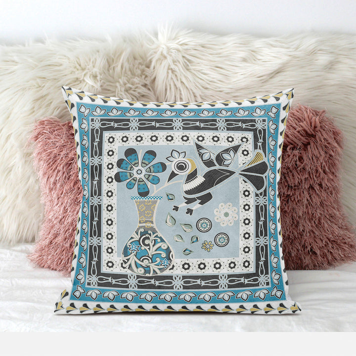 28" x 28" Blue and White Peacock Blown Seam Floral Indoor Outdoor Throw Pillow