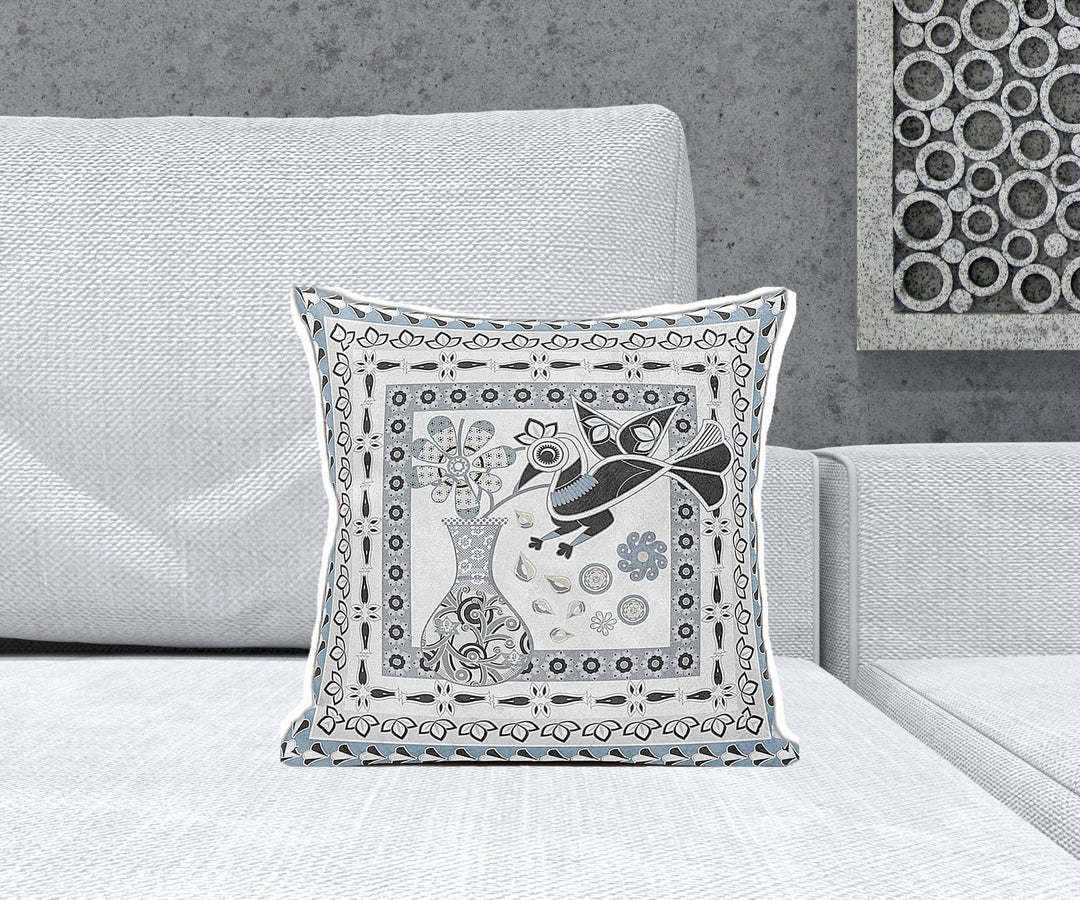 16" x 16" Blue and White Bird Blown Seam Abstract Indoor Outdoor Throw Pillow