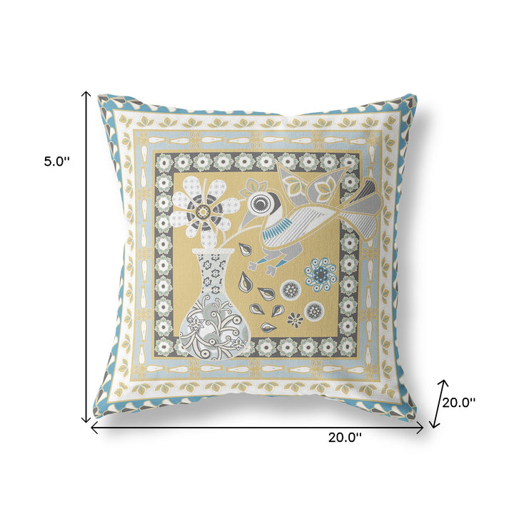 20" x 20" Beige and White Peacock Blown Seam Floral Indoor Outdoor Throw Pillow