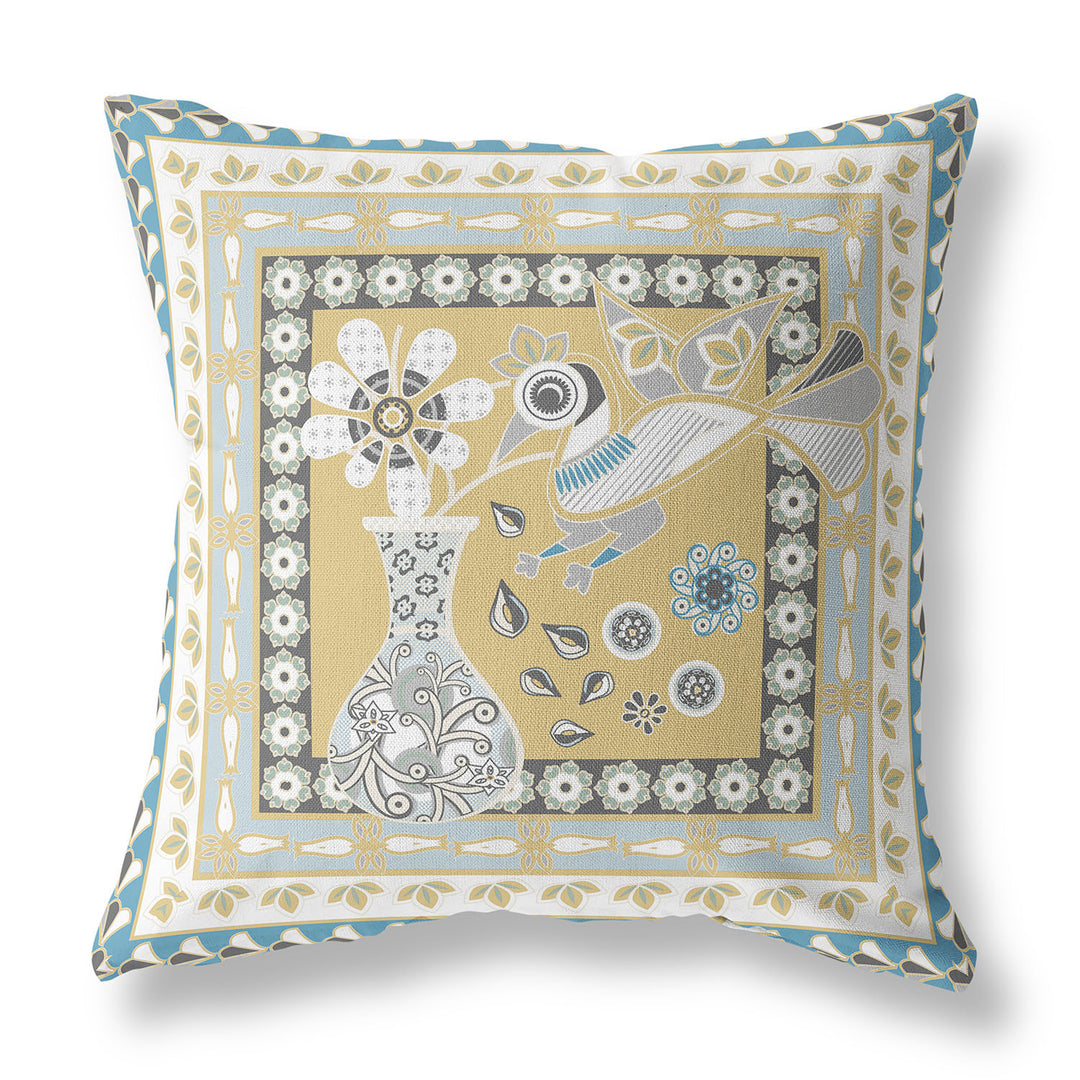 28" x 28" Beige and White Peacock Blown Seam Floral Indoor Outdoor Throw Pillow