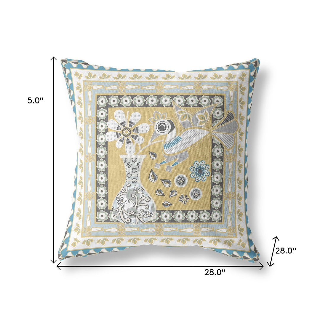 28" x 28" Beige and White Peacock Blown Seam Floral Indoor Outdoor Throw Pillow