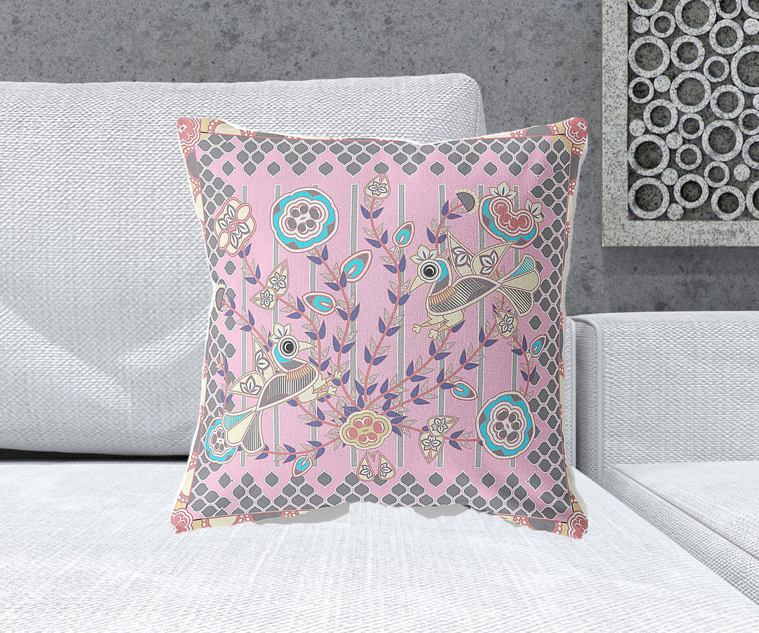 20" x 20" Pink Peacock Blown Seam Floral Indoor Outdoor Throw Pillow