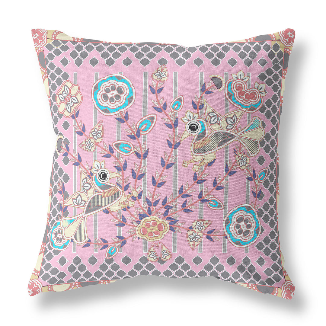 20" x 20" Pink Peacock Blown Seam Floral Indoor Outdoor Throw Pillow