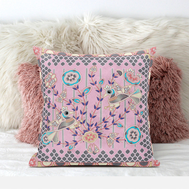 20" x 20" Pink Peacock Blown Seam Floral Indoor Outdoor Throw Pillow