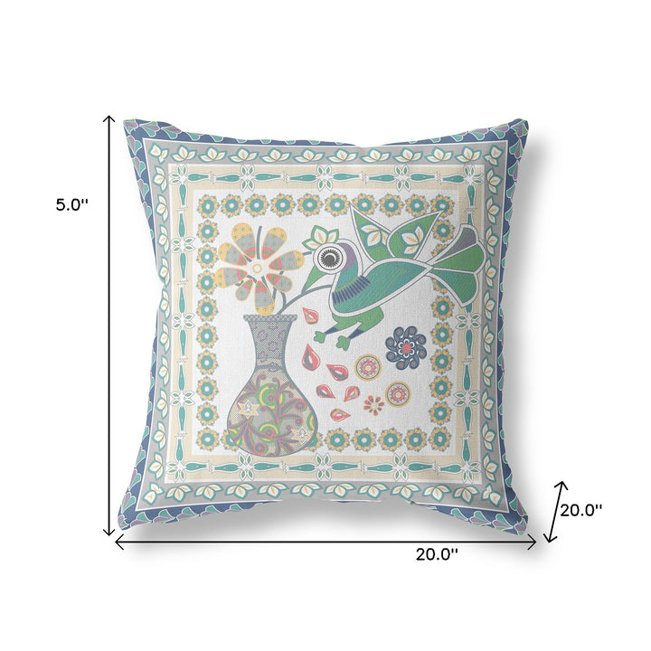 20" x 20" Cream Peacock Blown Seam Floral Indoor Outdoor Throw Pillow