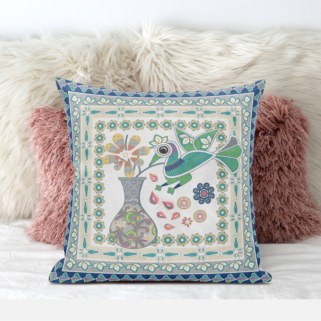 20" x 20" Cream Peacock Blown Seam Floral Indoor Outdoor Throw Pillow