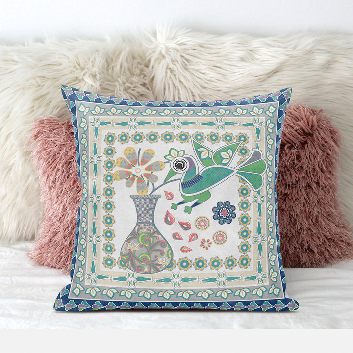 20" x 20" Cream Peacock Blown Seam Floral Indoor Outdoor Throw Pillow