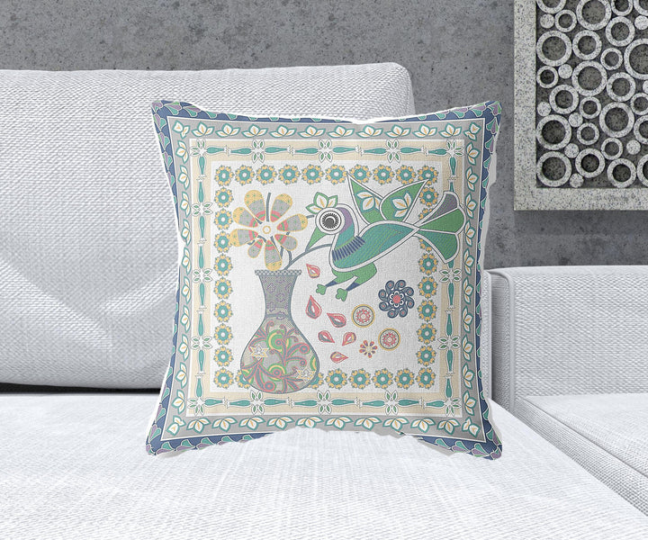 20" x 20" Cream Peacock Blown Seam Floral Indoor Outdoor Throw Pillow