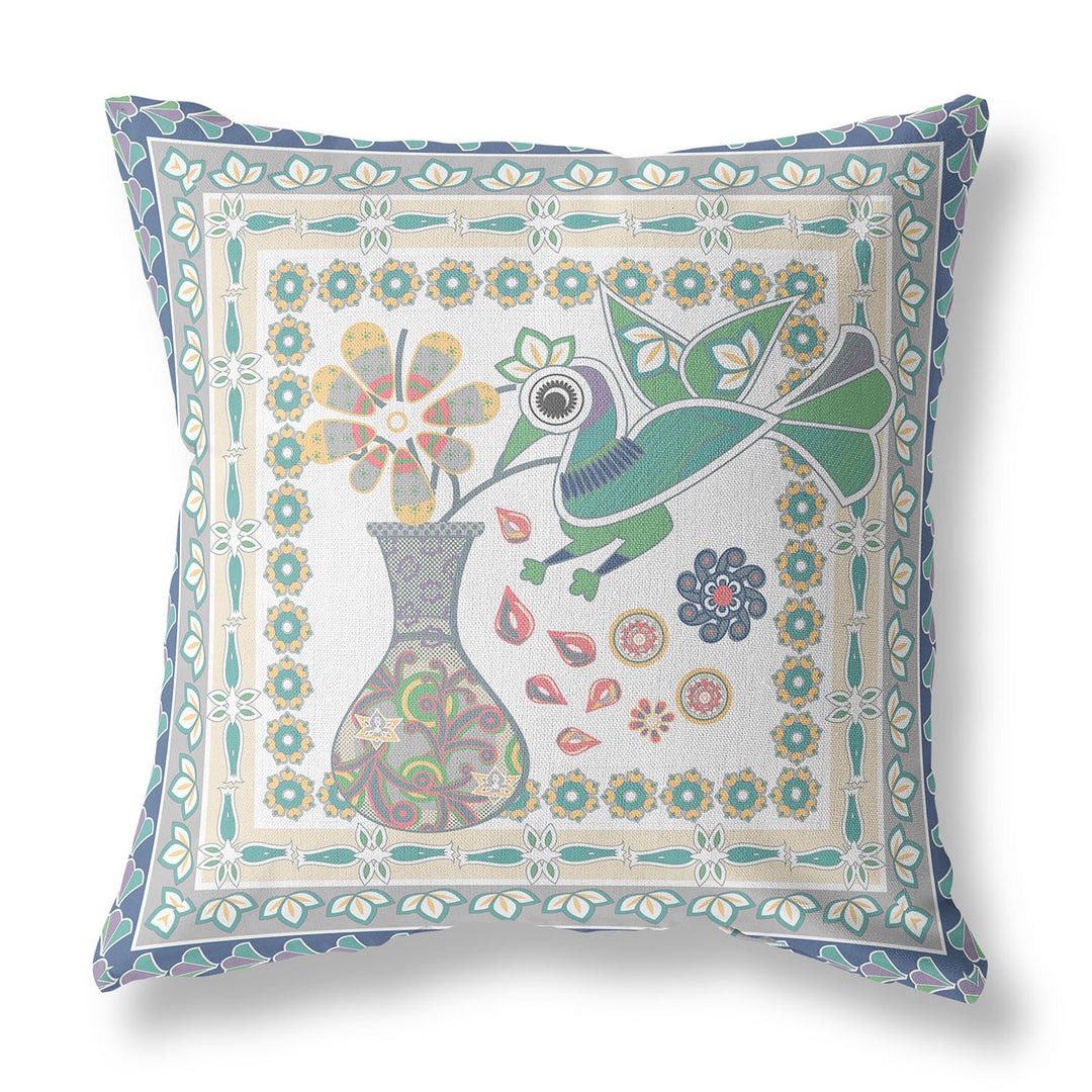 20" x 20" Cream Peacock Blown Seam Floral Indoor Outdoor Throw Pillow