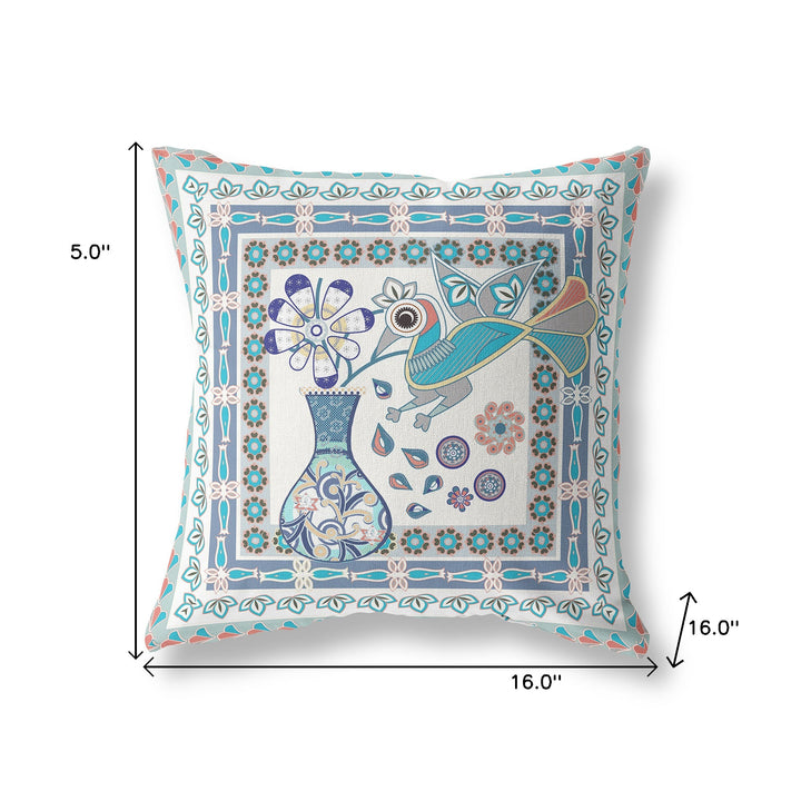 16" x 16" Off White Peacock Blown Seam Floral Indoor Outdoor Throw Pillow