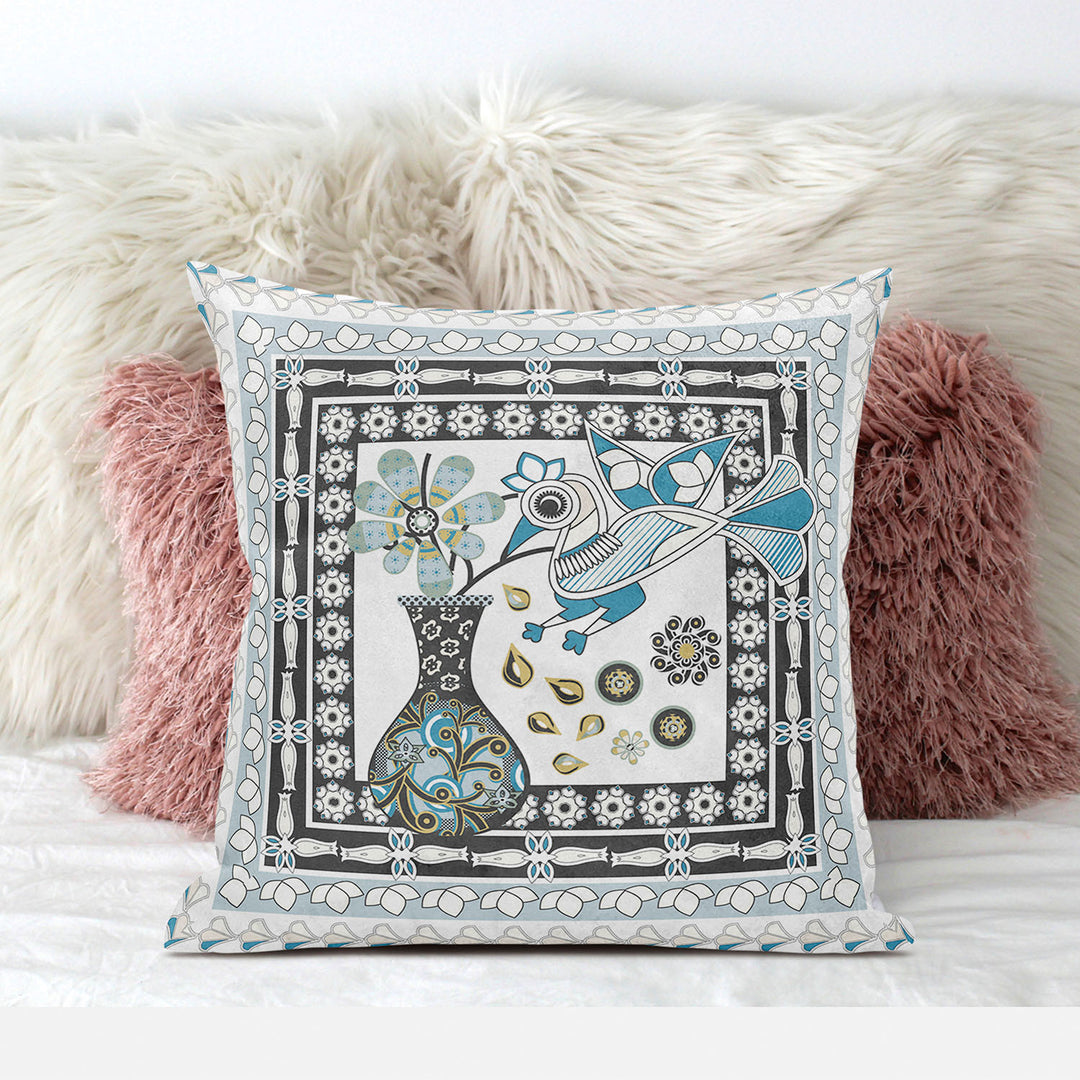 20" x 20" Blue and White Bird Blown Seam Floral Indoor Outdoor Throw Pillow