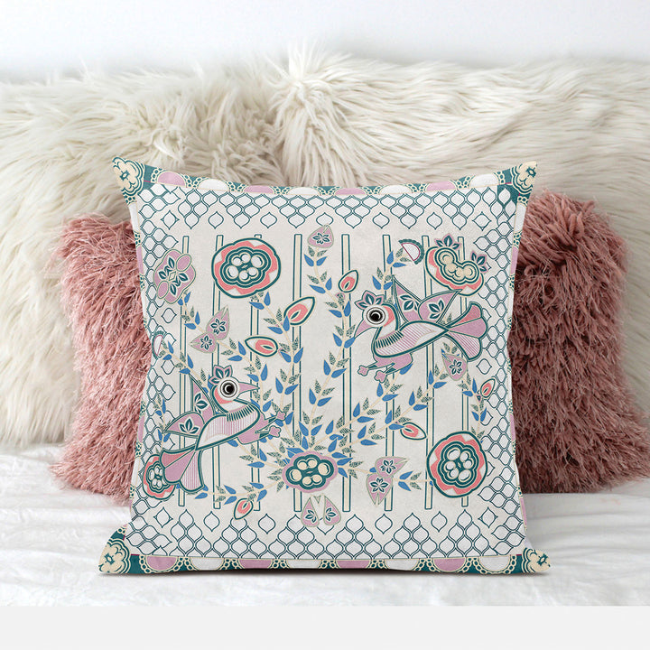 16" x 16" Off White Peacock Blown Seam Floral Indoor Outdoor Throw Pillow