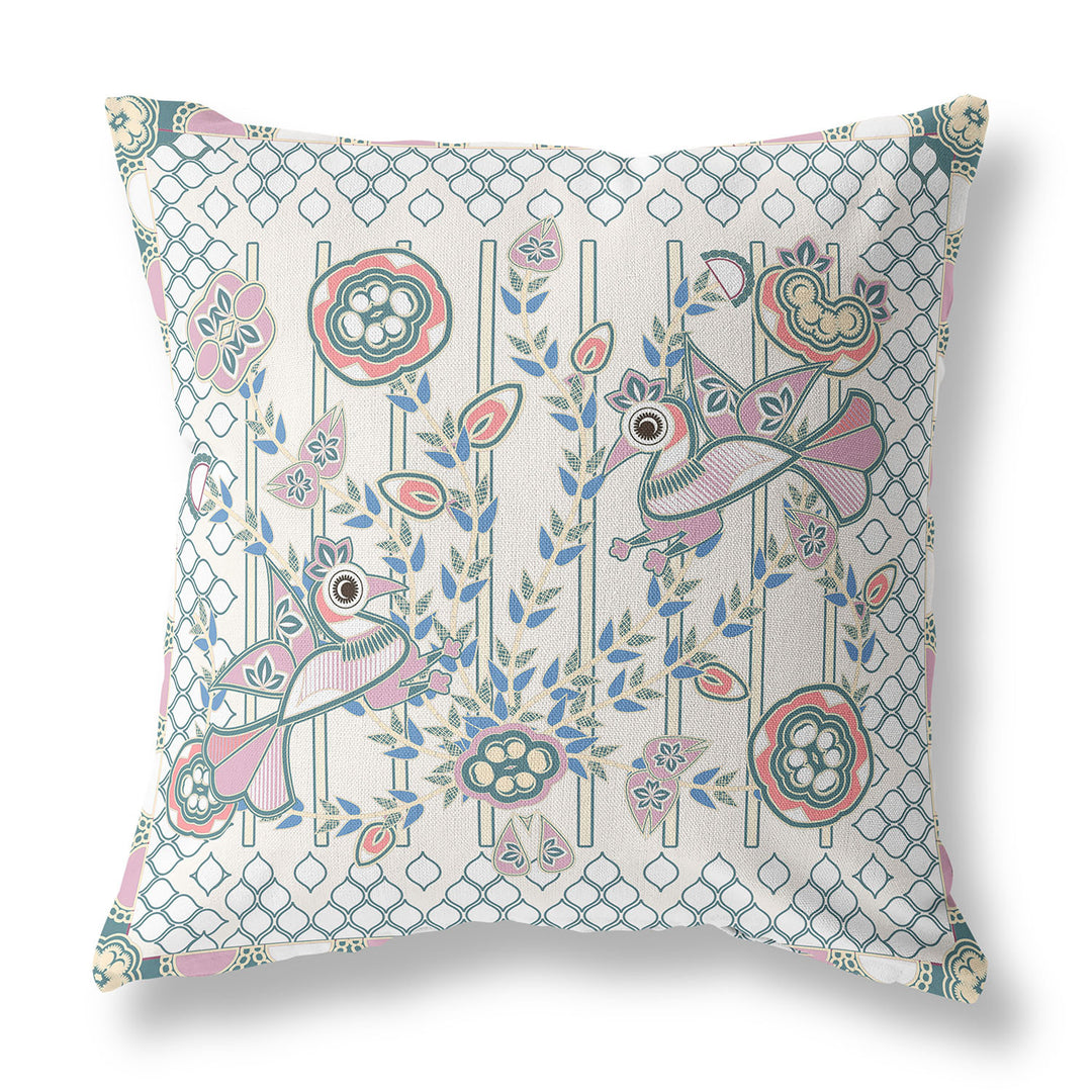 16" x 16" Off White Peacock Blown Seam Floral Indoor Outdoor Throw Pillow