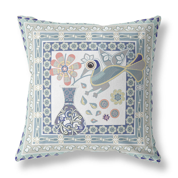 18" x 18" Blue and White Peacock Blown Seam Floral Indoor Outdoor Throw Pillow