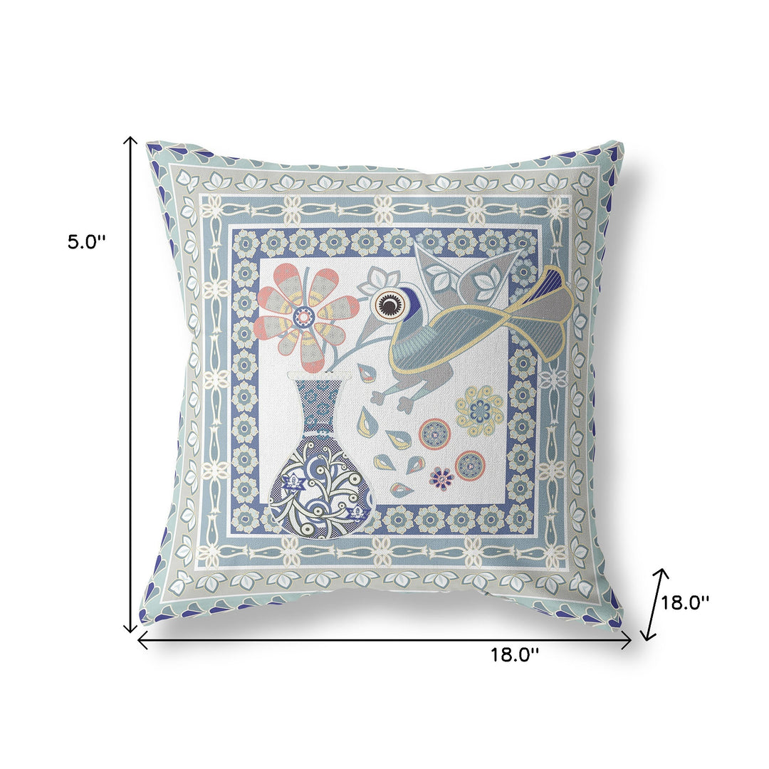 18" x 18" Blue and White Peacock Blown Seam Floral Indoor Outdoor Throw Pillow