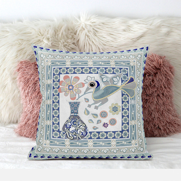 18" x 18" Blue and White Peacock Blown Seam Floral Indoor Outdoor Throw Pillow