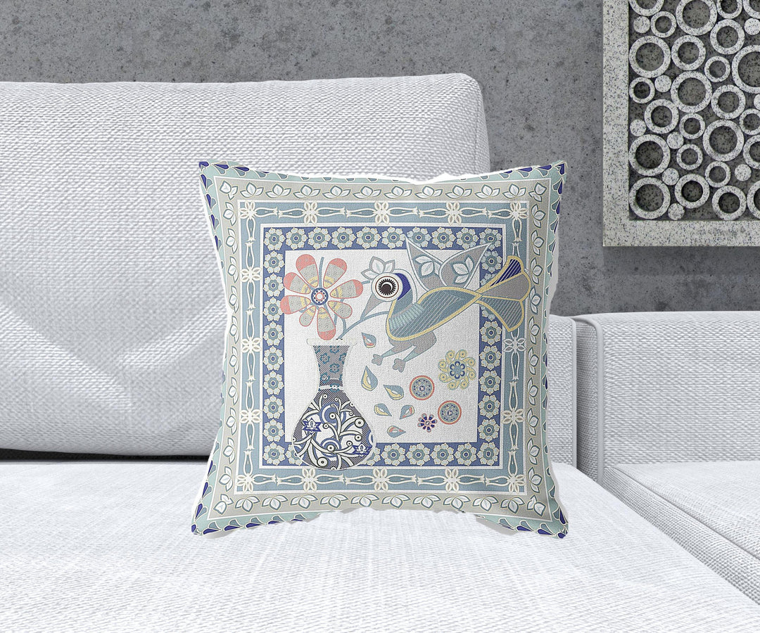 18" x 18" Blue and White Peacock Blown Seam Floral Indoor Outdoor Throw Pillow