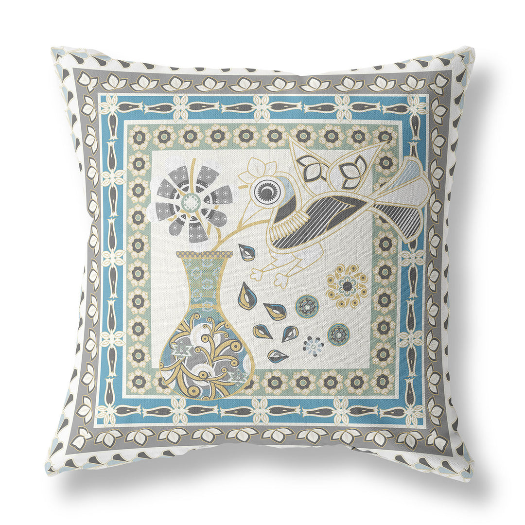 28" x 28" Off White Bird Blown Seam Floral Indoor Outdoor Throw Pillow