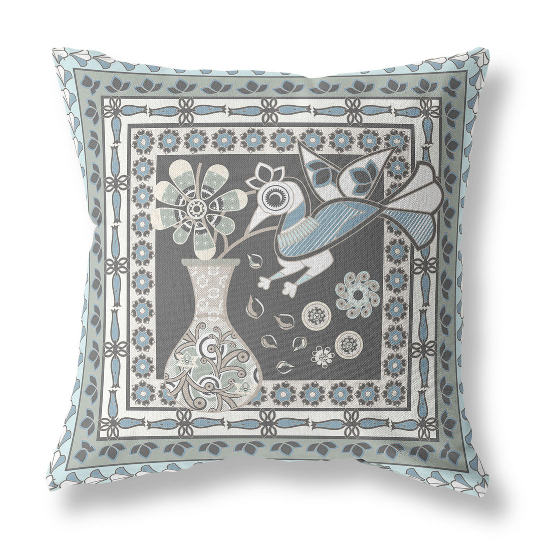 16" x 16" Black and Blue Peacock Blown Seam Floral Indoor Outdoor Throw Pillow