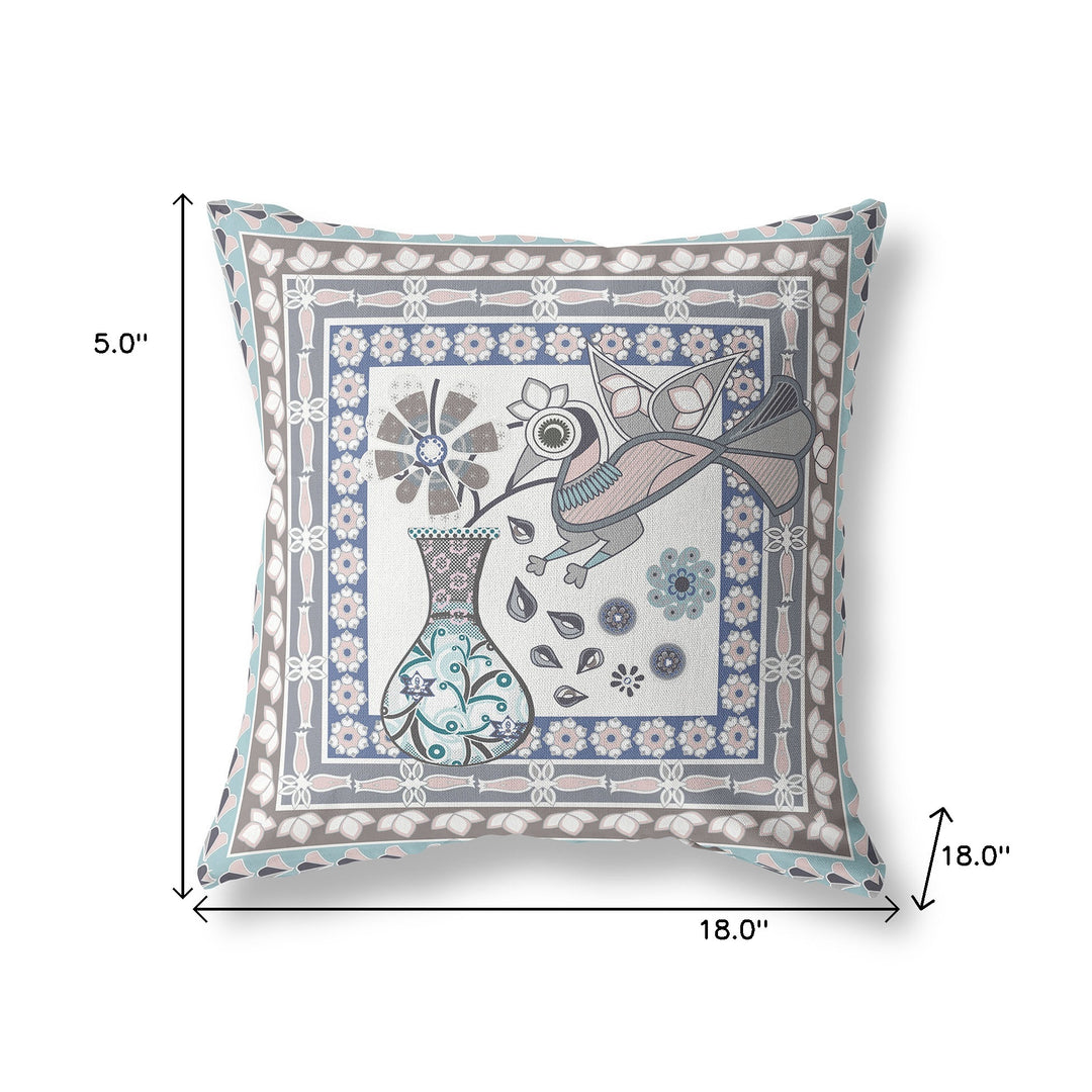 18" x 18" Blue and Gray Peacock Blown Seam Floral Indoor Outdoor Throw Pillow