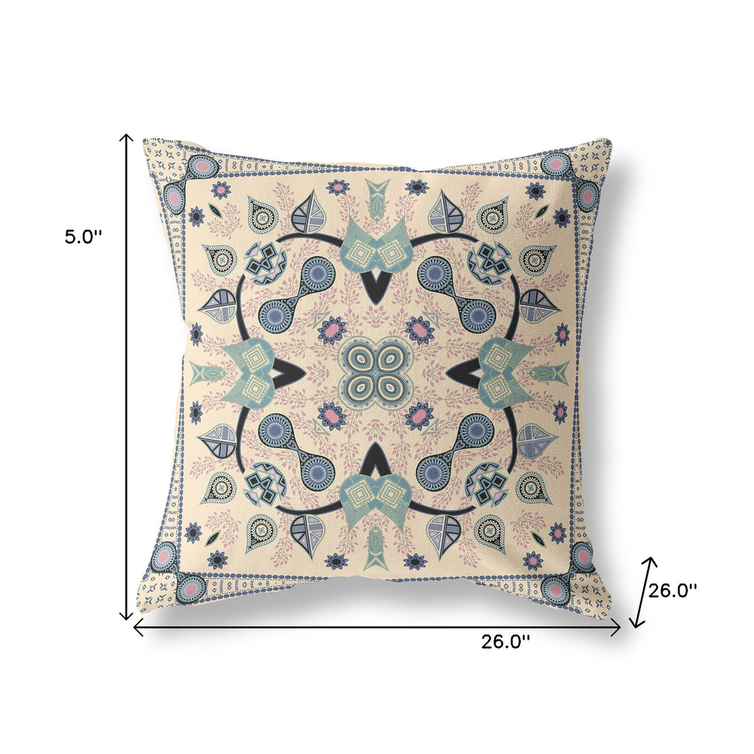 26" x 26" Beige Blown Seam Paisley Indoor Outdoor Throw Pillow