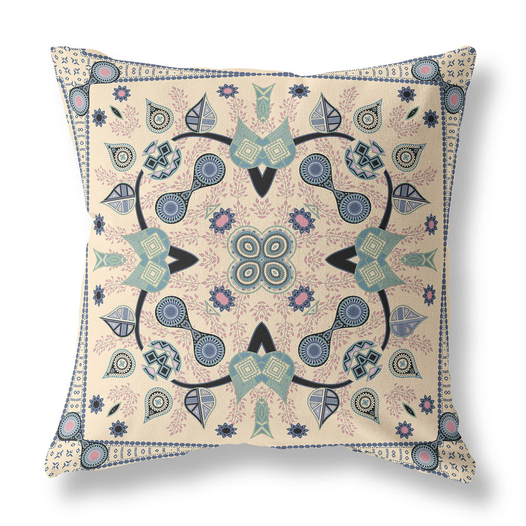 26" x 26" Beige Blown Seam Paisley Indoor Outdoor Throw Pillow