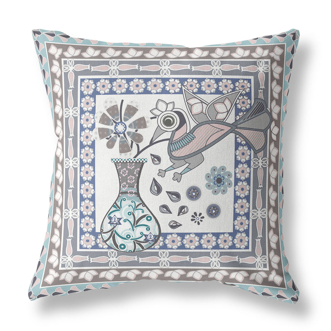 18" x 18" Blue and Gray Peacock Blown Seam Floral Indoor Outdoor Throw Pillow