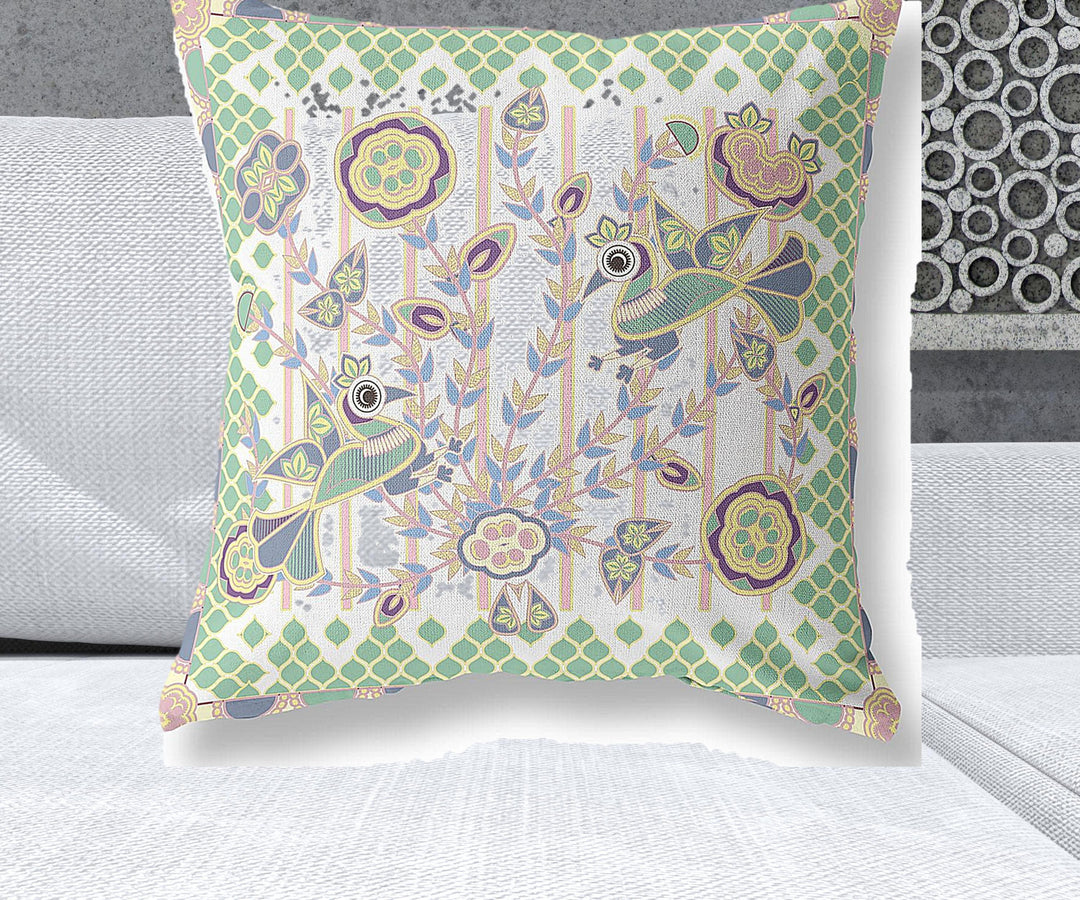 26" x 26" Yellow and White Peacock Blown Seam Floral Indoor Outdoor Throw Pillow