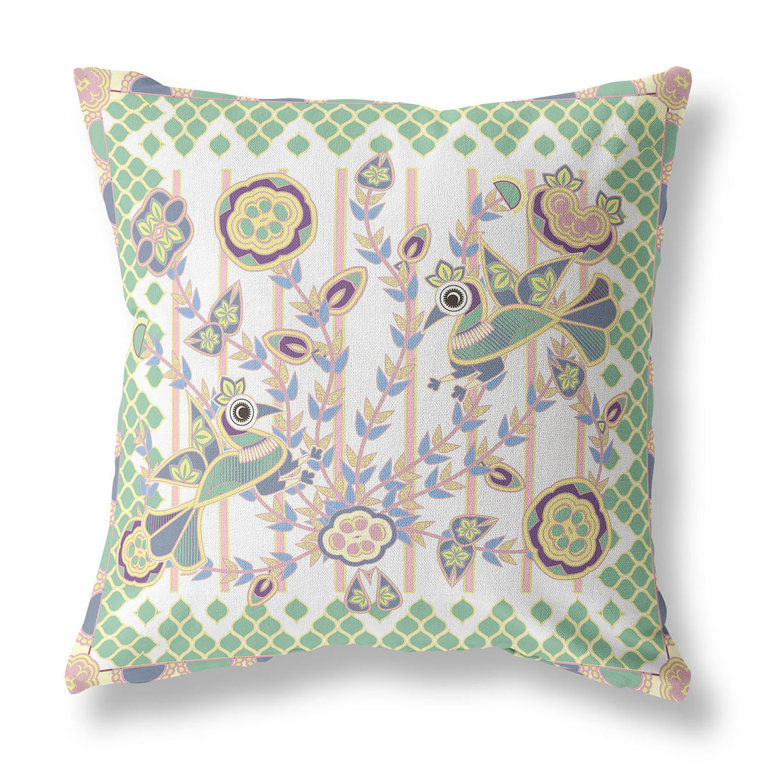 26" x 26" Yellow and White Peacock Blown Seam Floral Indoor Outdoor Throw Pillow