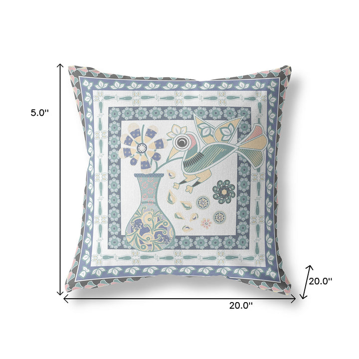 20" x 20" Blue and White Bird Blown Seam Floral Indoor Outdoor Throw Pillow