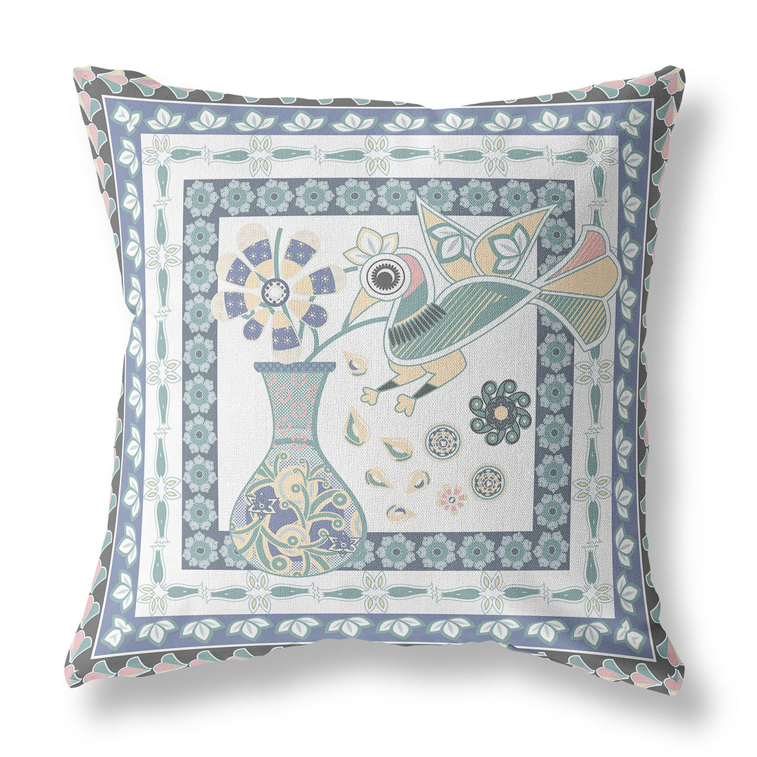 20" x 20" Blue and White Bird Blown Seam Floral Indoor Outdoor Throw Pillow