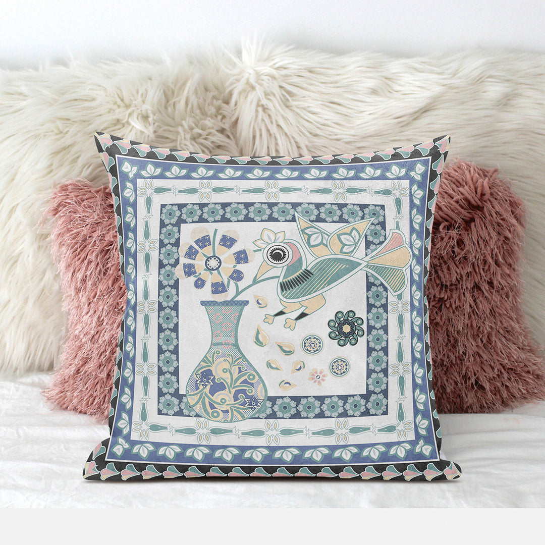 20" x 20" Blue and White Bird Blown Seam Floral Indoor Outdoor Throw Pillow