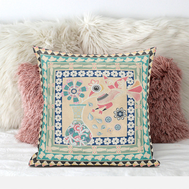 26" x 26" Beige Peacock Blown Seam Floral Indoor Outdoor Throw Pillow