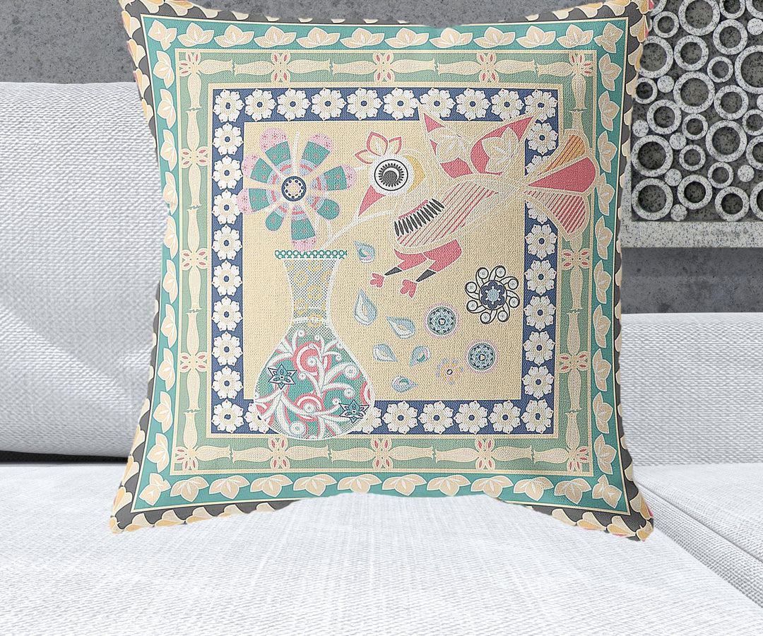 26" x 26" Beige Peacock Blown Seam Floral Indoor Outdoor Throw Pillow