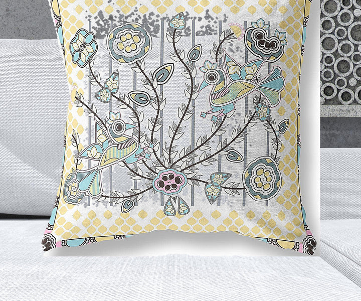 28" x 28" Gray and White Peacock Blown Seam Floral Indoor Outdoor Throw Pillow