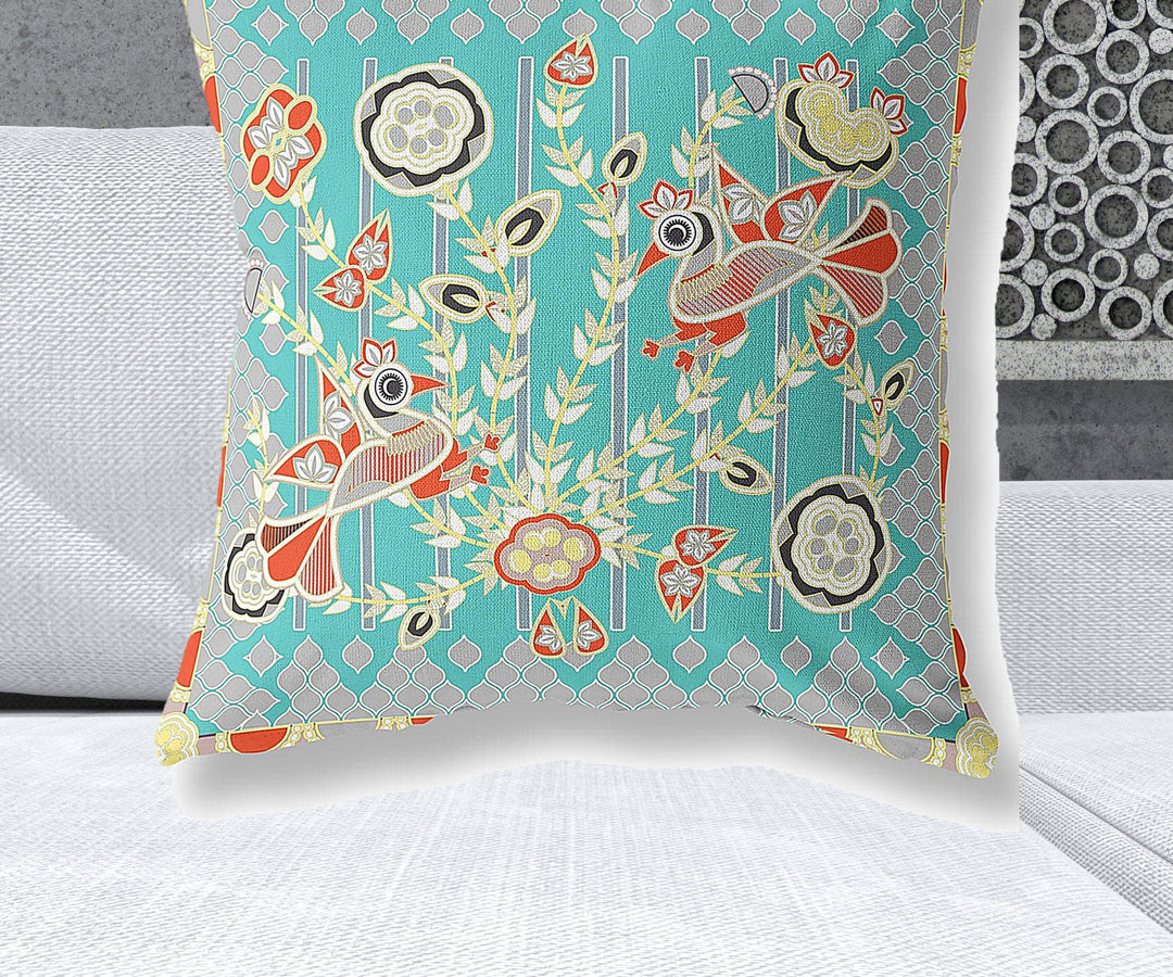 28" x 28" Light Blue Peacock Blown Seam Floral Indoor Outdoor Throw Pillow