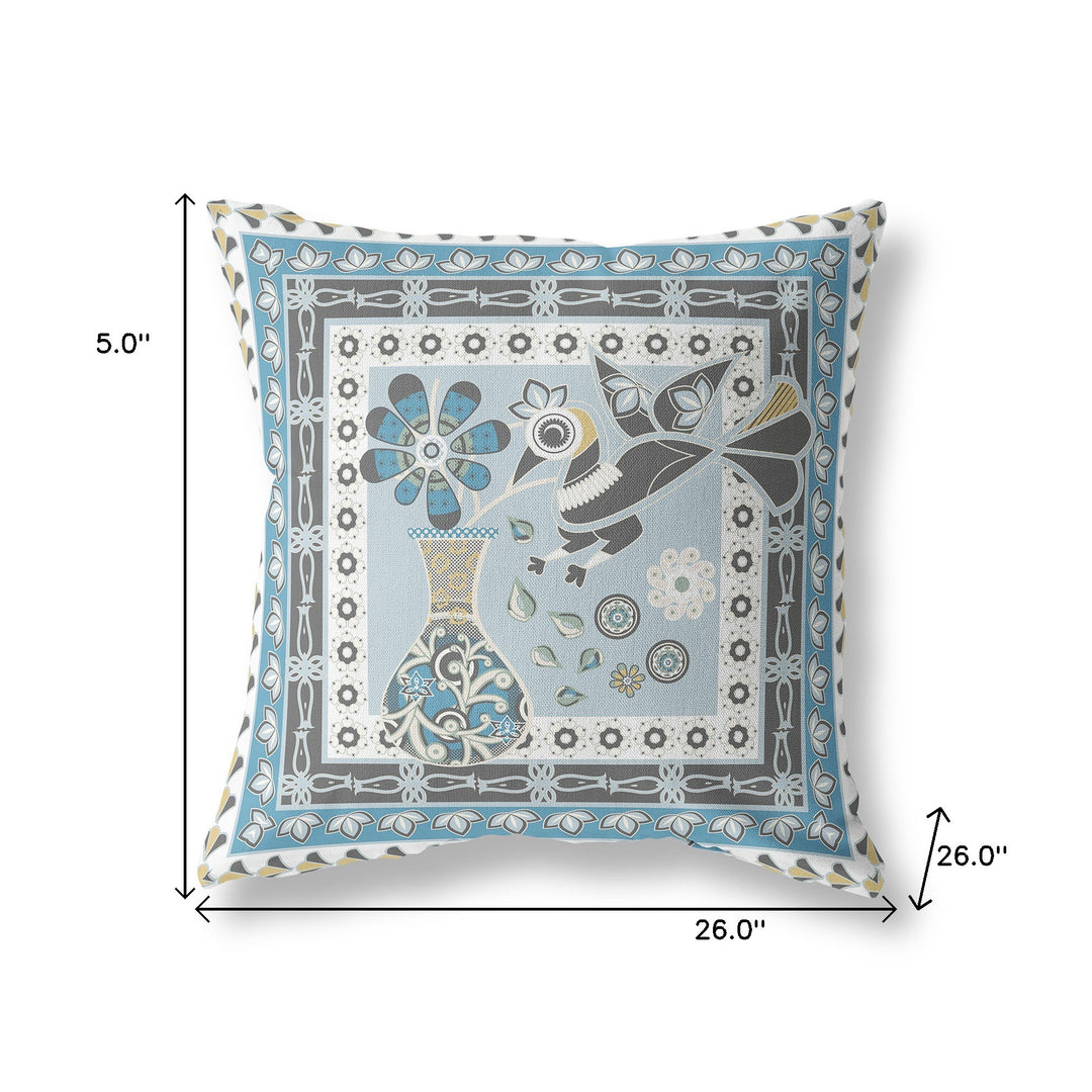 26" x 26" Blue and White Peacock Blown Seam Floral Indoor Outdoor Throw Pillow