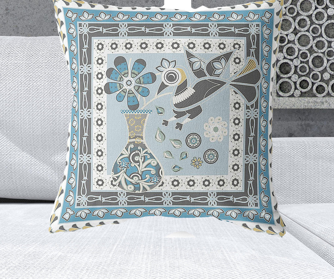 26" x 26" Blue and White Peacock Blown Seam Floral Indoor Outdoor Throw Pillow