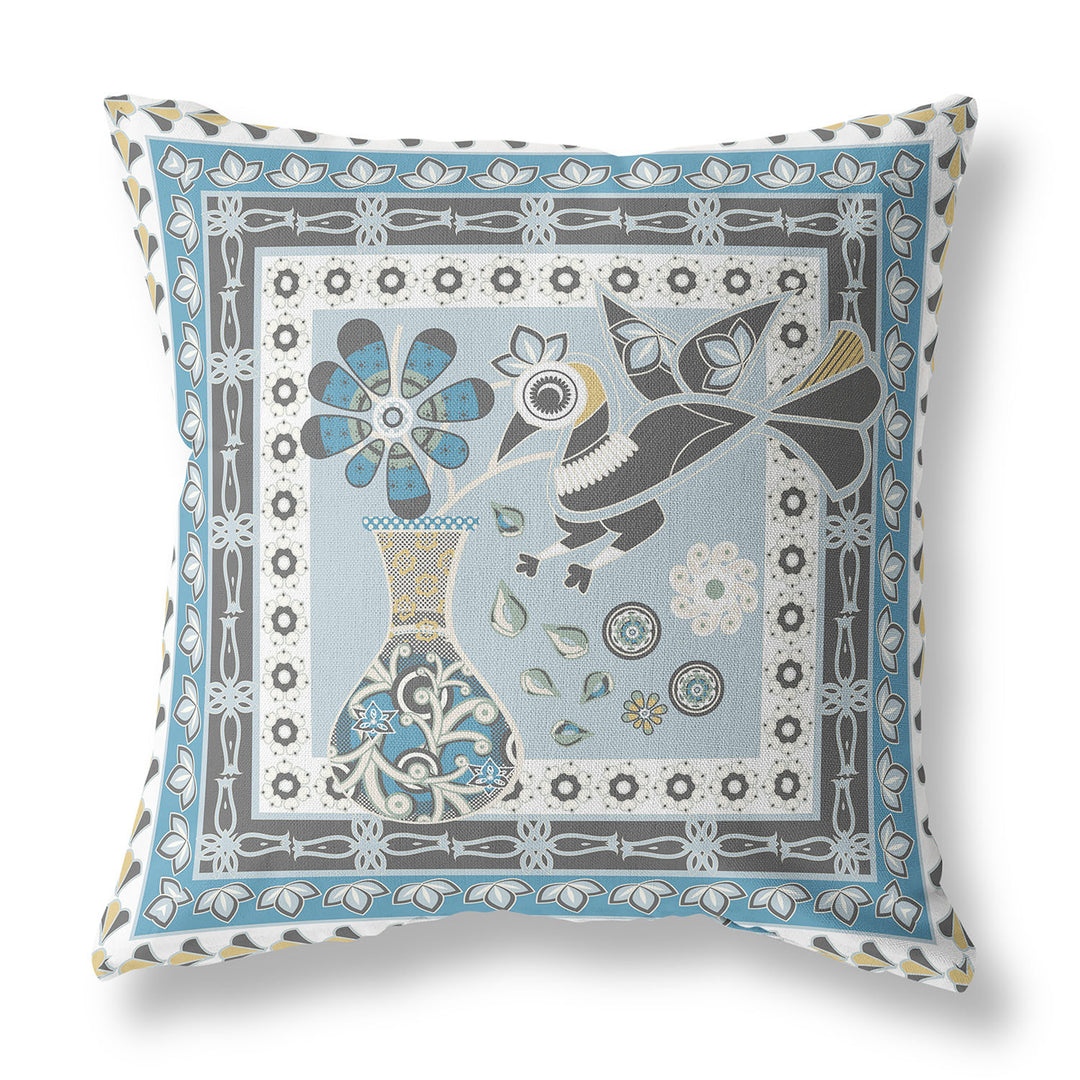 26" x 26" Blue and White Peacock Blown Seam Floral Indoor Outdoor Throw Pillow